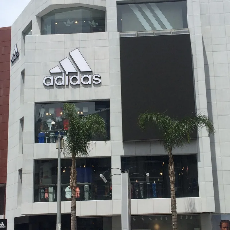 Fachada ventilada de placas grises de un local comercial de tres plantas, con grandes escaparates y palmeras delante
