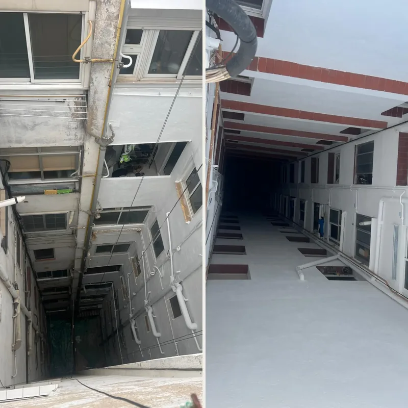 Antes y después de un patio de luces: paredes grises con desconchados y bajantes viejos, y el mismo patio pintado de blanco con bajantes nuevos