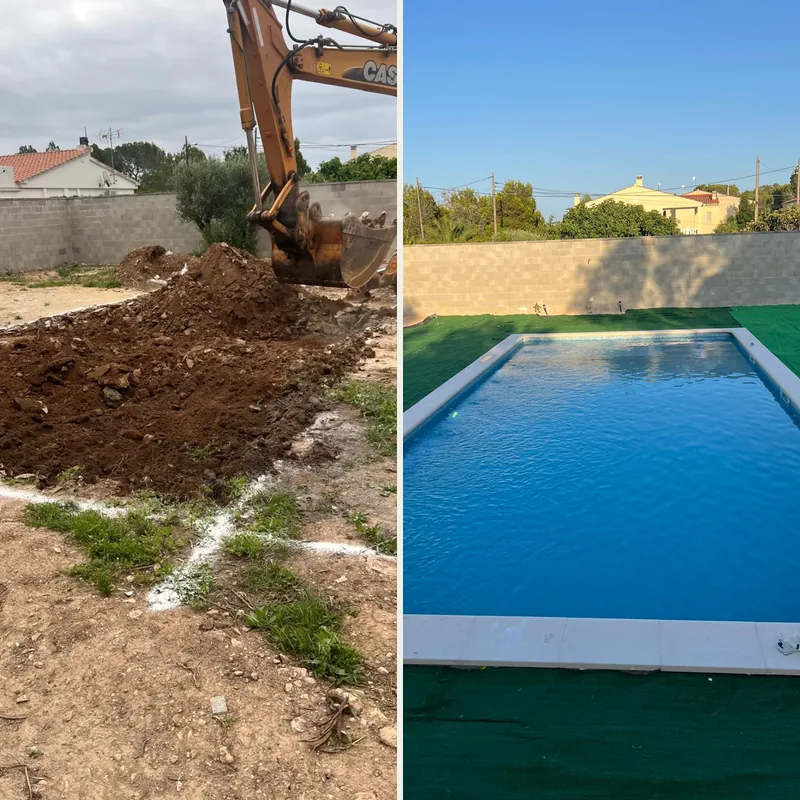 Antes y después de una piscina en Salou: el terreno recién excavado con la máquina y la piscina terminada, llena y con césped alrededor